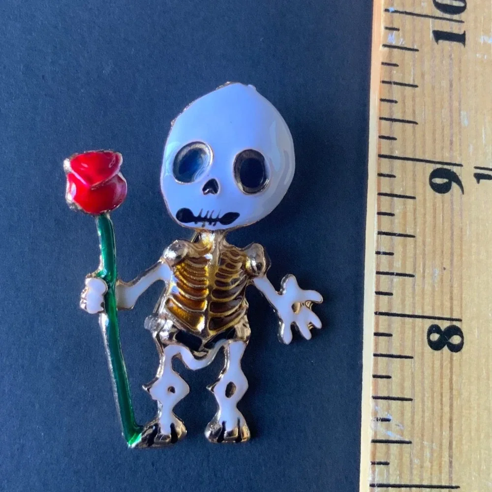 Gothic Skeleton Red Rose Enamel Brooch Skull Pin Spooky Halloween Vtg Style